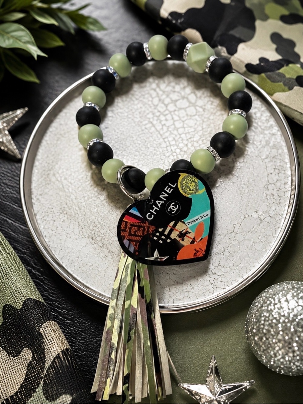 Hand Crafted Camo Beaded Inspired Heart Wristlet Keychain with Tassel